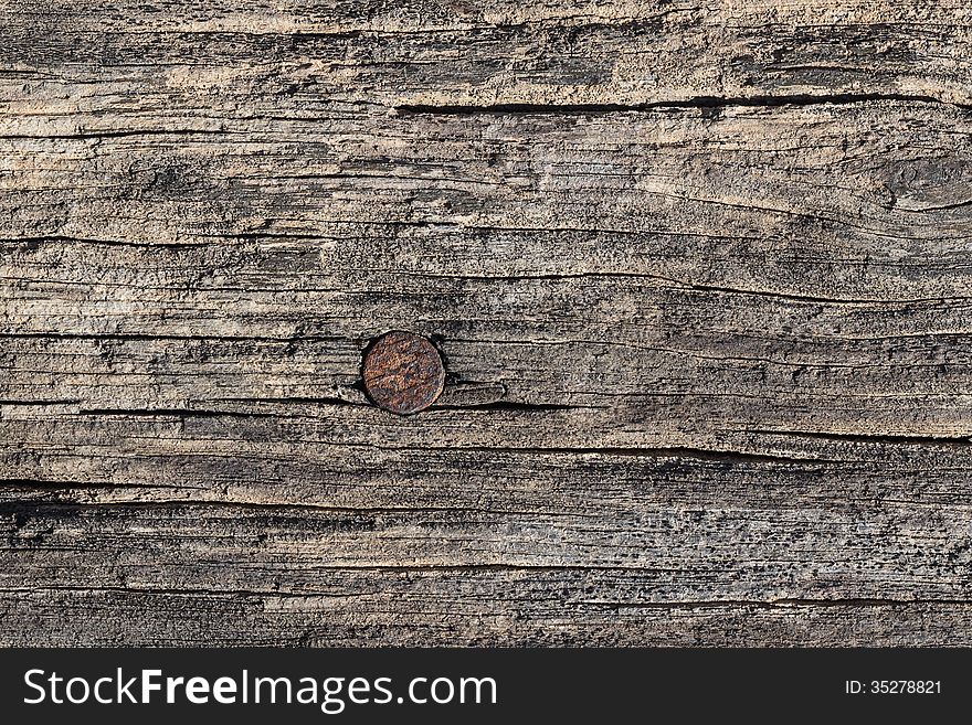 Part of old board with nail. Outdoor. Wooden background. Part of old board with nail. Outdoor. Wooden background.