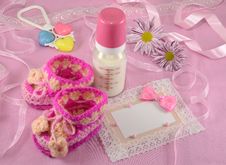Pink Greeting Card With Milk Bottle And Shoes Stock Image Pink Greeting Card With Milk Bottle And Shoes Stock Image
