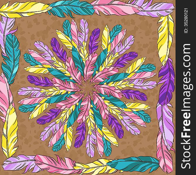 Vector mandala with colored feathers