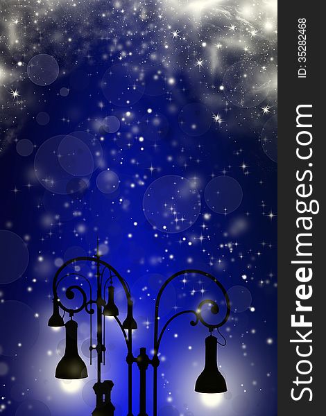 Christmas greeting card - white night with stars and street lamp