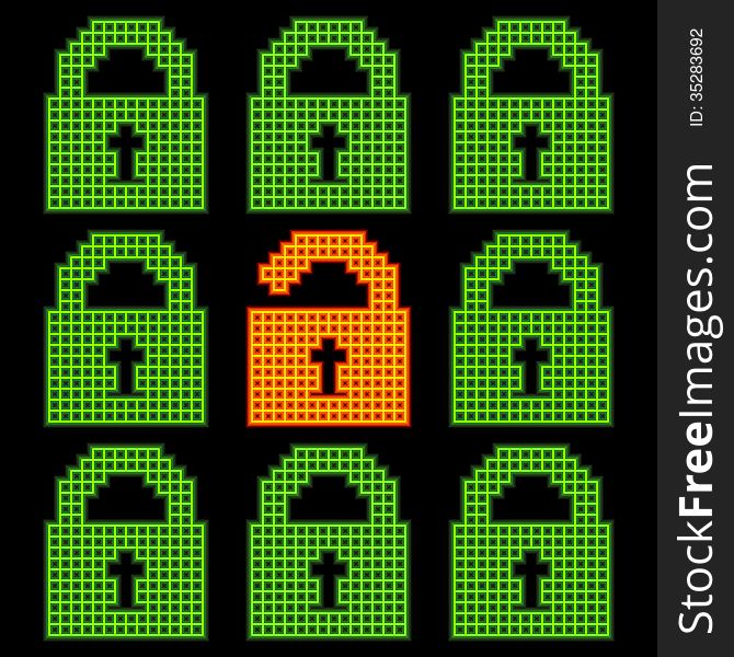 Online web security concept, represented in 8-bit pixel-art padlock icons. Colours are separated in individual layers and created using different sized strokes. Online web security concept, represented in 8-bit pixel-art padlock icons. Colours are separated in individual layers and created using different sized strokes