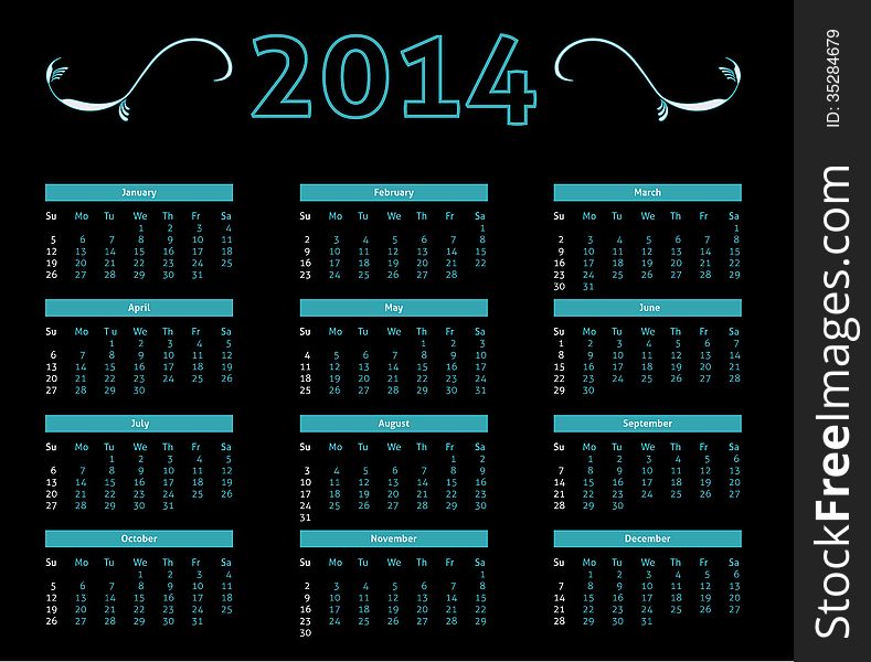 2014 calendar in dark style - black with neon black and white