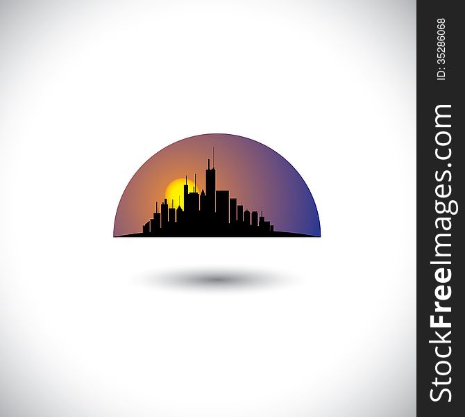 Abstract city skyline silhouette with sun-setting sky background. This concept vector graphic represents a modern city downtown skyscrapers in the mornings & evenings