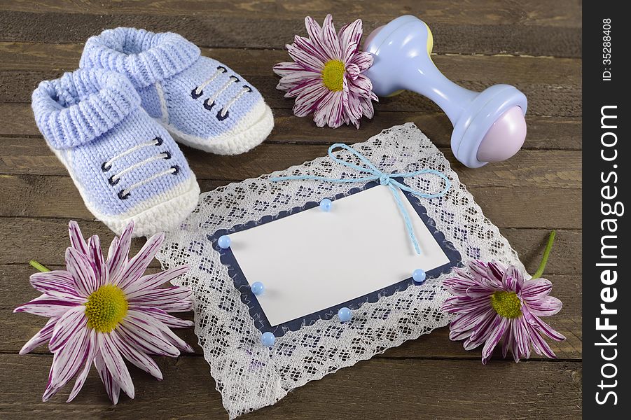 Blue Greeting Card With Shoes And Plaything