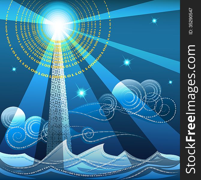 Illustration with lighthouse against midnight seascape drawn in techno style with use numbers of binary code. Illustration with lighthouse against midnight seascape drawn in techno style with use numbers of binary code