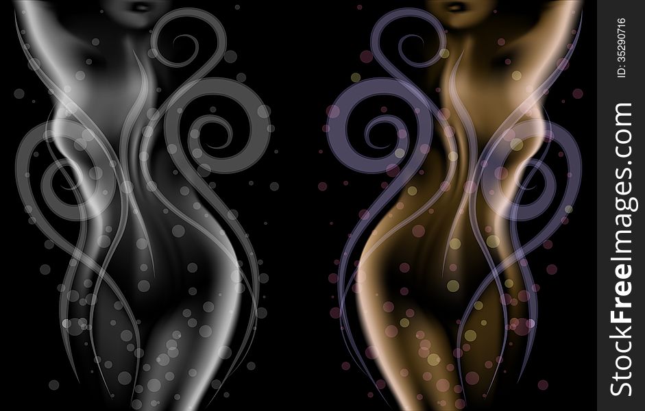 Illustration with curves and bubbles around woman body against black background drawn in black and white and colored variations. Illustration with curves and bubbles around woman body against black background drawn in black and white and colored variations