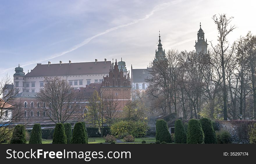 View from the garden of the Archaeological Museum at the wawel Castle in Krakow .