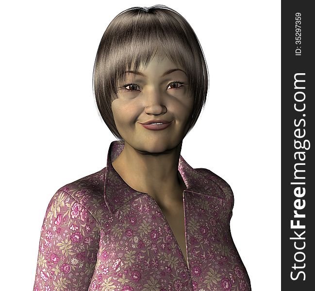 3d render of an elderly Asian lady