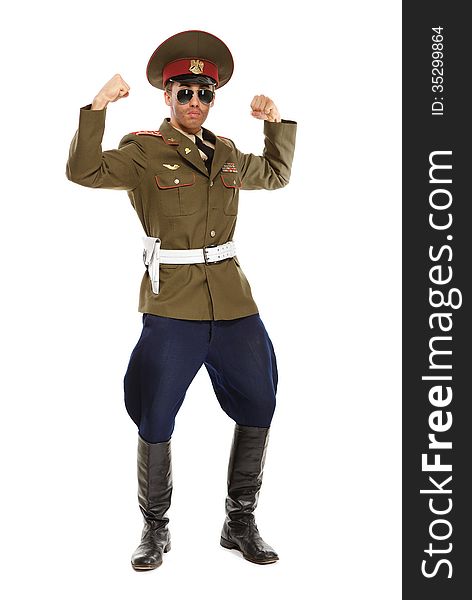 Portrait of a man dressed as a military dictator. Isolated