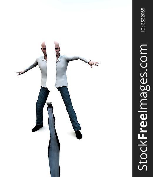 An image of a man standing above a dangerous deep crack on the ground in-between his feet. A good concept image for the diversion, the man himself is split in two. This could represent stress. An image of a man standing above a dangerous deep crack on the ground in-between his feet. A good concept image for the diversion, the man himself is split in two. This could represent stress.