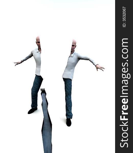 An image of a man standing above a dangerous deep crack on the ground in-between his feet. A good concept image for the diversion, the man himself is split in two. This could represent stress. An image of a man standing above a dangerous deep crack on the ground in-between his feet. A good concept image for the diversion, the man himself is split in two. This could represent stress.
