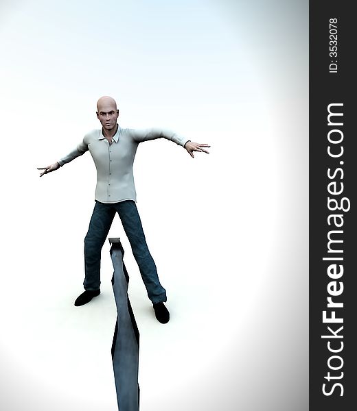 An image of a man standing above a dangerous deep crack on the ground in-between his feet. A good concept image for the diversion. An image of a man standing above a dangerous deep crack on the ground in-between his feet. A good concept image for the diversion.