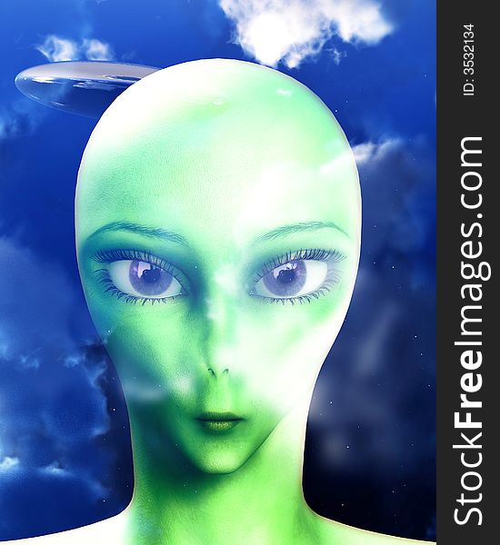 An portrait of the face of an alien lifeform. With a cloud background. An portrait of the face of an alien lifeform. With a cloud background.