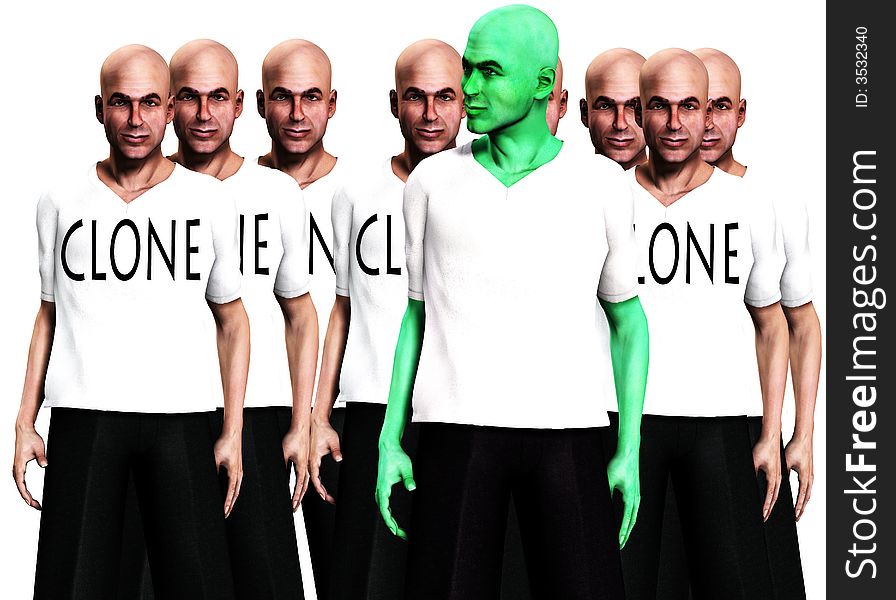 A conceptual image of a unique man, standing in front of a man that has been cloned many times. A conceptual image of a unique man, standing in front of a man that has been cloned many times.
