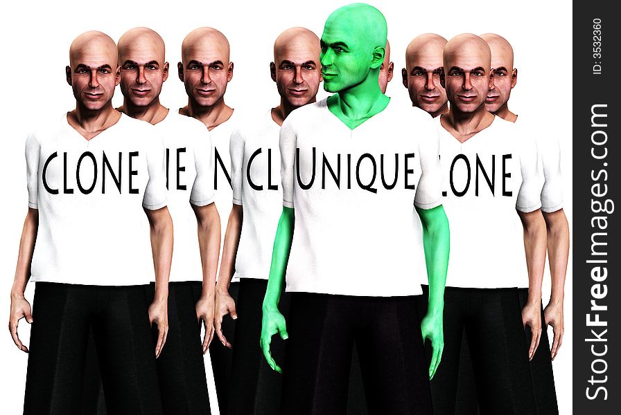 A conceptual image of a unique man, standing in front of a man that has been cloned many times. A conceptual image of a unique man, standing in front of a man that has been cloned many times.