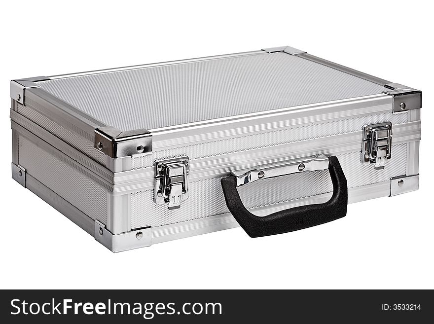 Close up of the silver briefcase on the white. Close up of the silver briefcase on the white