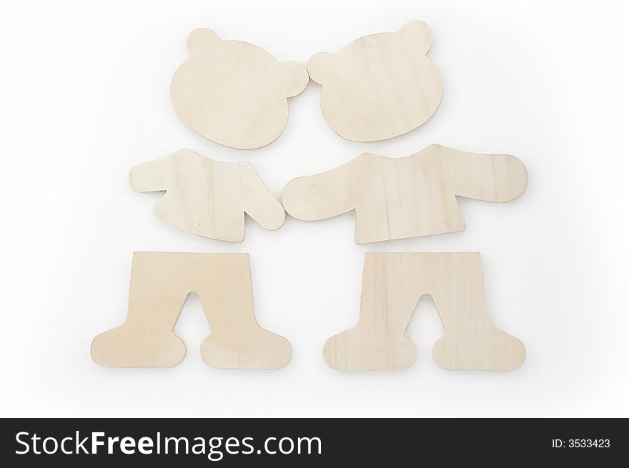 Boy and girl wooden teddies in love. Boy and girl wooden teddies in love