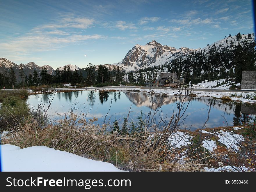 Picture Lake reflection of Mount Shuksan with snow. Picture Lake reflection of Mount Shuksan with snow