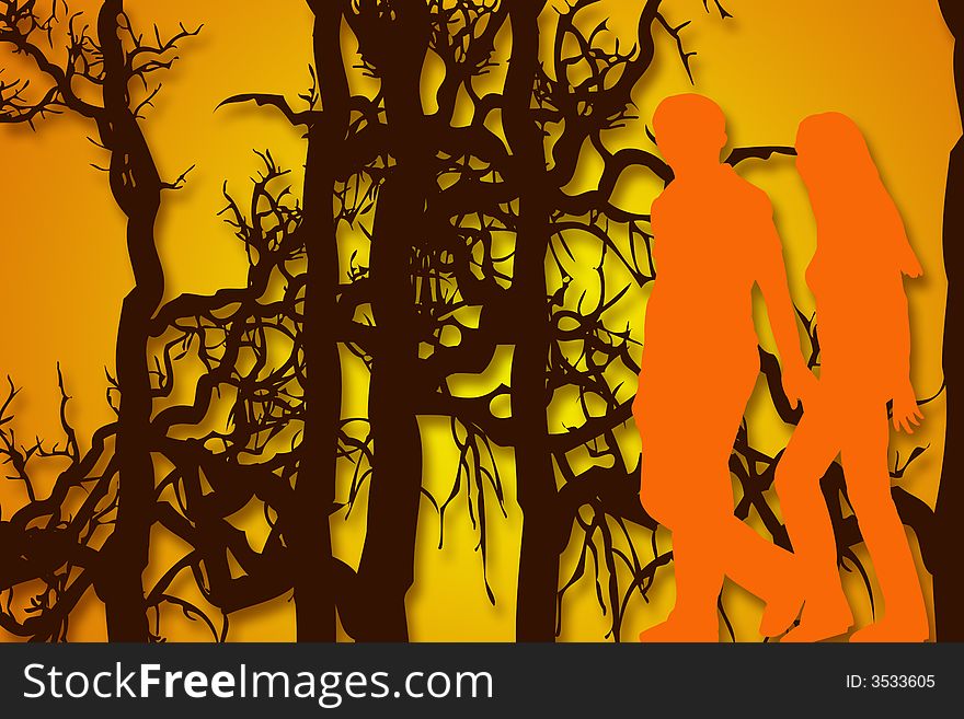 Silhouettes of couple walking hand in hand in woods. Silhouettes of couple walking hand in hand in woods