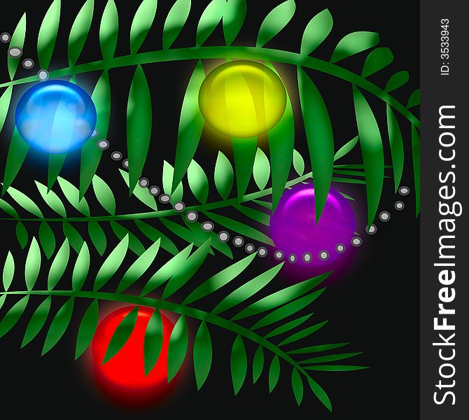 Christmas tree boughs with ornaments  on  black background. Christmas tree boughs with ornaments  on  black background