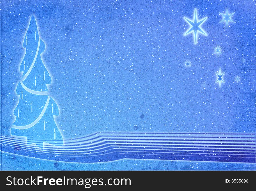 Christmas related illustration, grungy background with tree and stars, snowy, in blue shade. Christmas related illustration, grungy background with tree and stars, snowy, in blue shade
