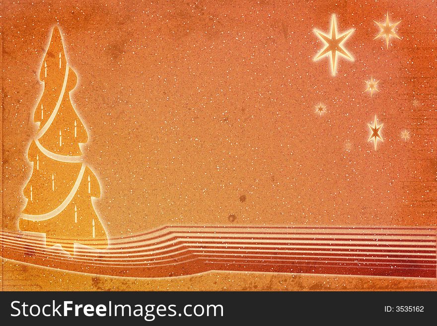 Christmas related illustration, grungy background with tree and stars, snowy. Christmas related illustration, grungy background with tree and stars, snowy