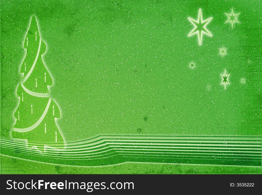 Christmas related illustration, grungy background with tree and stars, snowy, in green shade. Christmas related illustration, grungy background with tree and stars, snowy, in green shade
