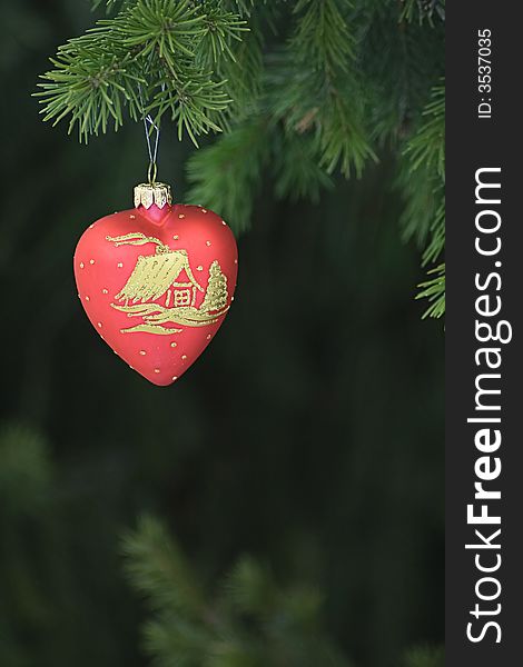 Heart shape christmas tree decoration on green coniferous tree. Heart shape christmas tree decoration on green coniferous tree