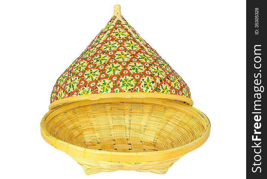 Bamboo basket with open lid isolated on white background