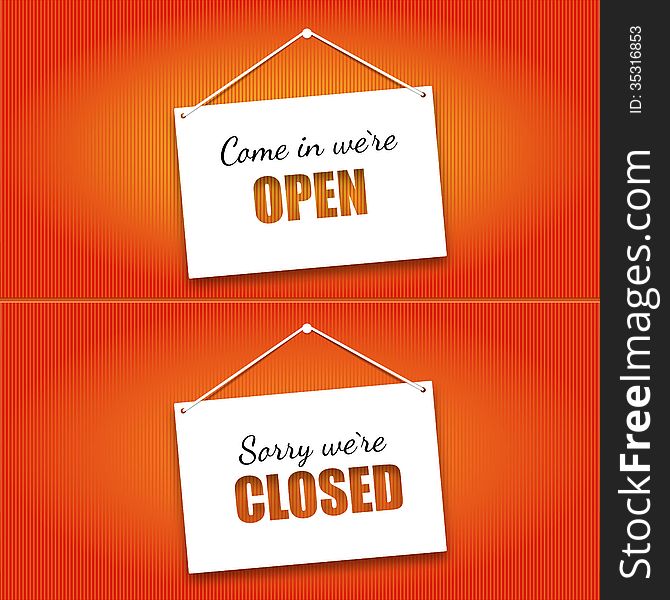 Open and Closed door signs board. Vector illustration.