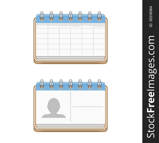 Icons of calendar and contact list on white background, vector illustration. Icons of calendar and contact list on white background, vector illustration