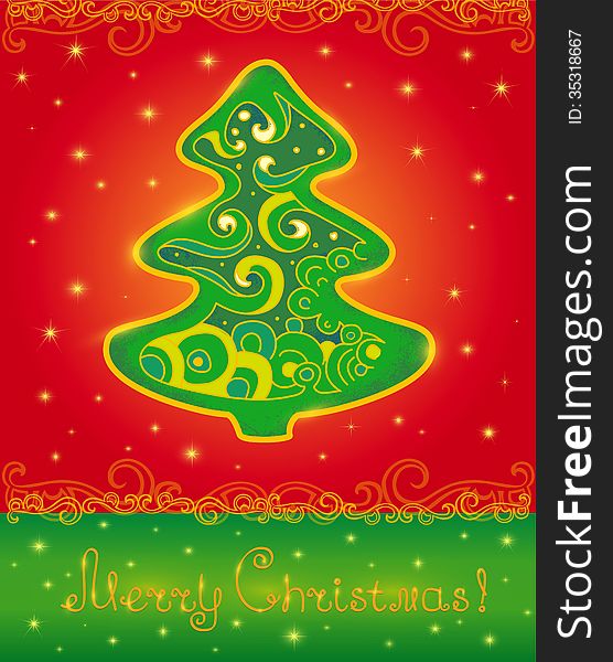 Christmas card with fir tree and stars. Christmas card with fir tree and stars.