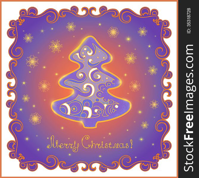 Christmas Card With Fir Tree And Snowflakes