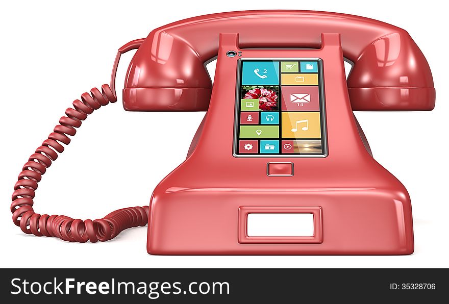 Red retro telephone with modern smartphone UI . Red retro telephone with modern smartphone UI .