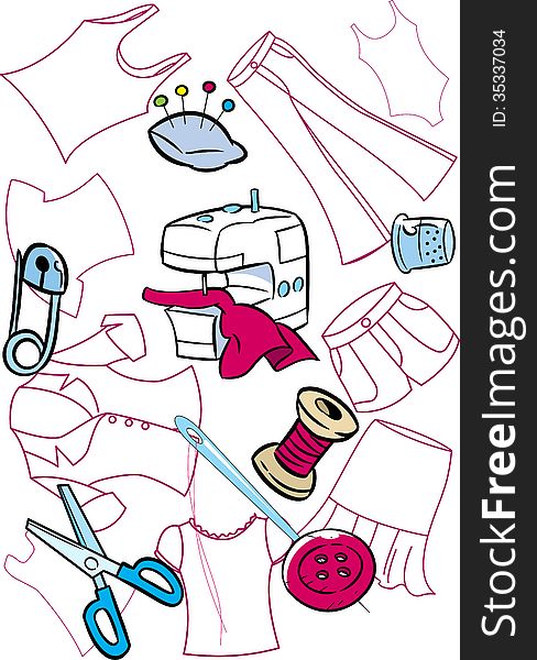 In the illustration on the background of silhouettes of pattern set of tools for sewing clothes. Illustration done in cartoon style, on separate layers.