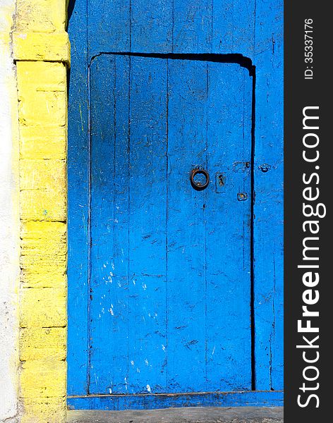 Blue wooden door. Morocco
