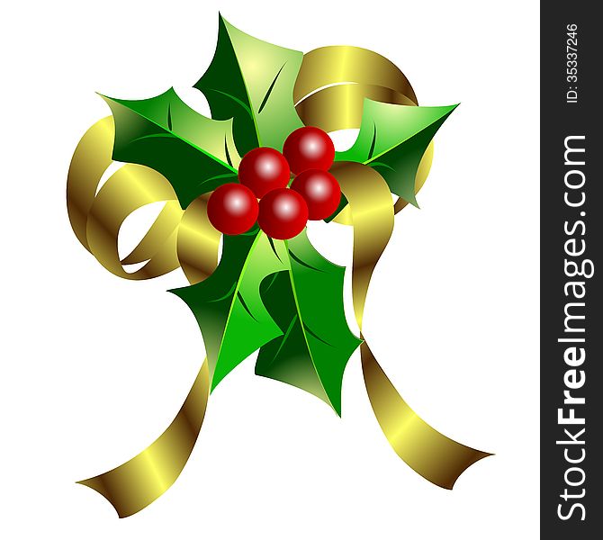 Five holly leaves with five berries on gold ribbon. Five holly leaves with five berries on gold ribbon