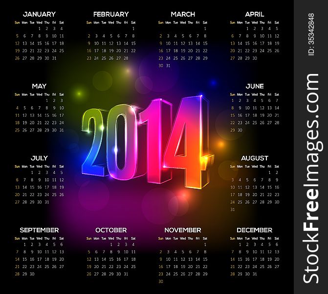 Vector 2014 year calendar with black background and vibrant neon numbers. Elements are layered separately in vector file. Vector 2014 year calendar with black background and vibrant neon numbers. Elements are layered separately in vector file.