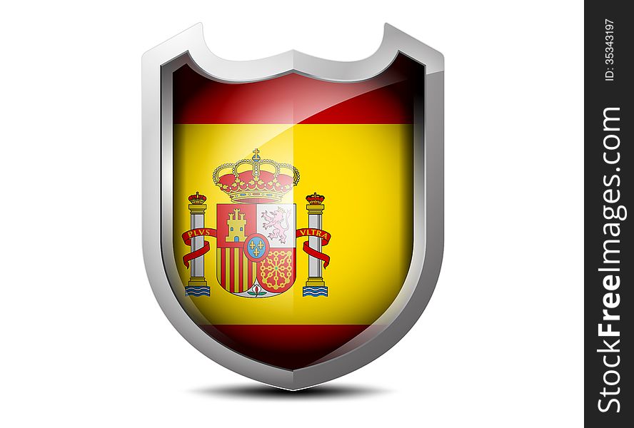 Beautiful flag of Spain metal shield on a white background