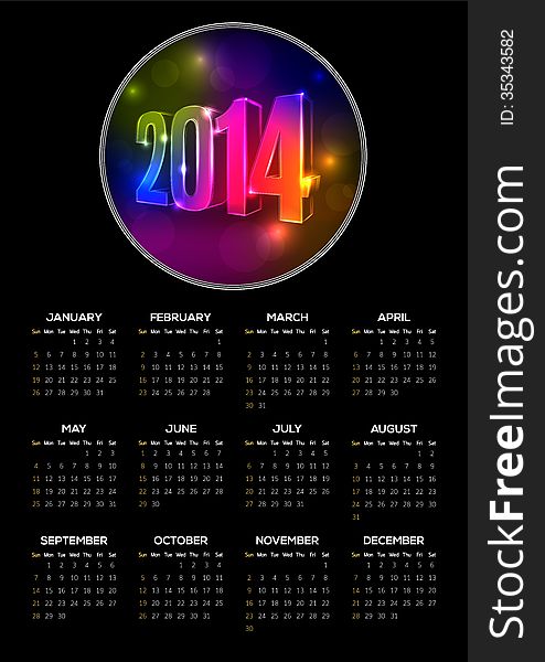 Vector 2014 year calendar with black background and vibrant neon numbers. Elements are layered separately in vector file. Vector 2014 year calendar with black background and vibrant neon numbers. Elements are layered separately in vector file.