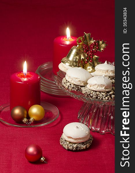 Christmas decoration with candles, cookies and ribbons. From series Christmas and New Year. Christmas decoration with candles, cookies and ribbons. From series Christmas and New Year