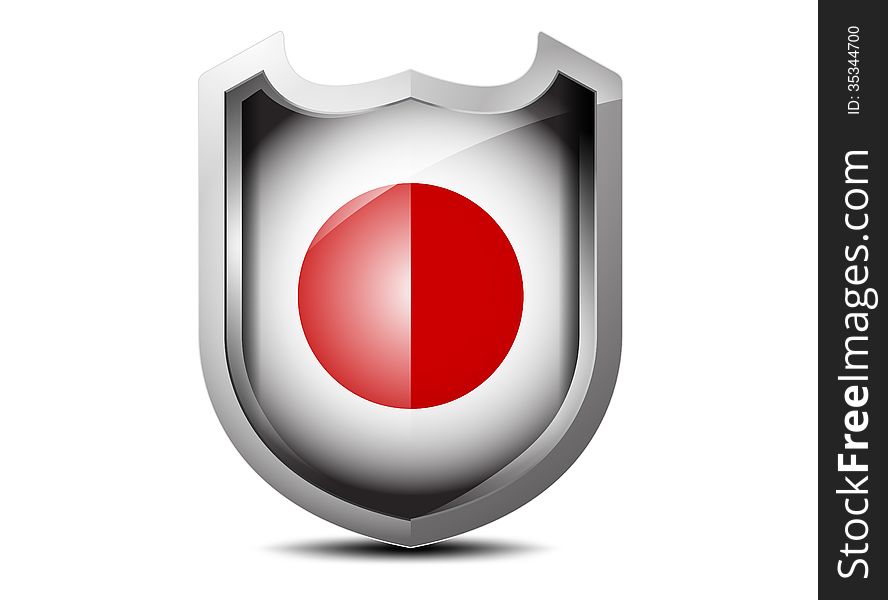 Beautiful flag of Japan metal shield on a white background