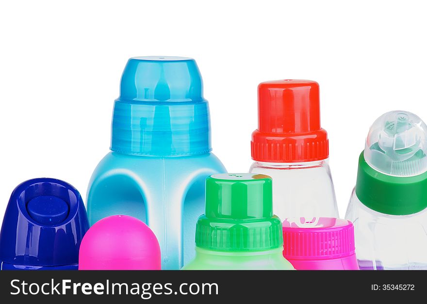 Various Covers of Cleaning Products In a Row isolated on white background