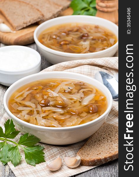 Traditional Russian cabbage soup &x28;shchi&x29; with mushrooms