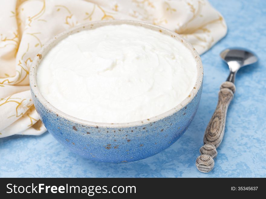 Thick homemade natural yoghurt, close-up