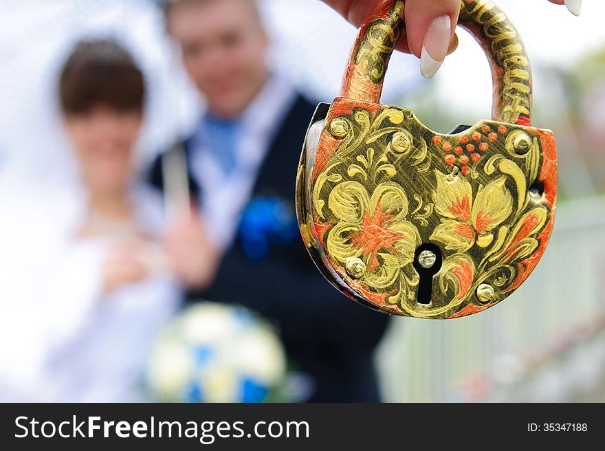 Padlock wedding lock bride and groom on happiness