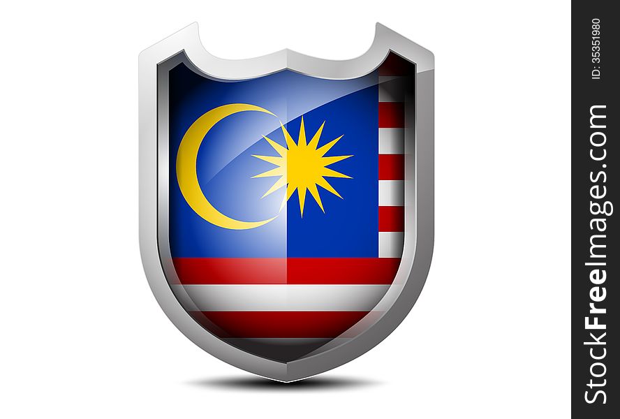 Glossy flag of Malaysia metal shield on a white background