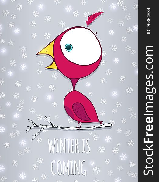 Bird sitting on branch. Winter background with snowflakes. Doodle vector Illustration. This is file of EPS10 format.