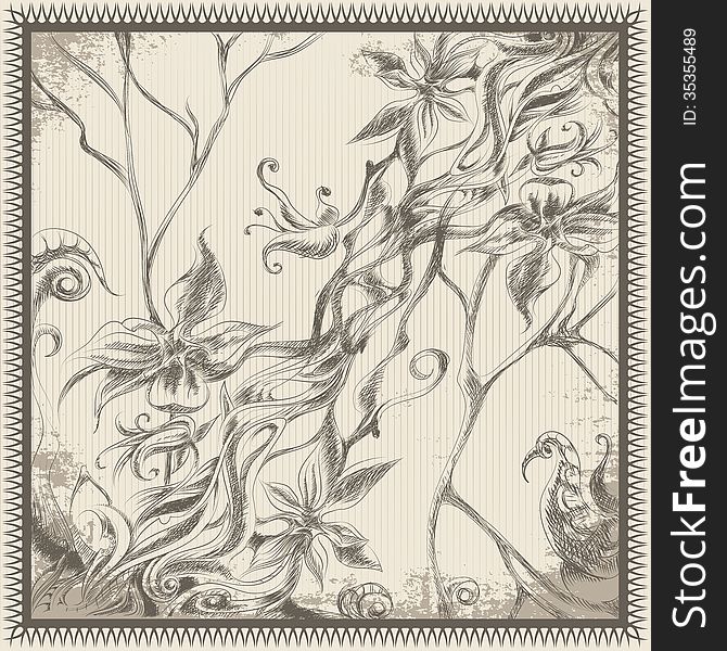 Illustration with tropic flowers drawn in vintage ink style with use some grunge effects. Illustration with tropic flowers drawn in vintage ink style with use some grunge effects