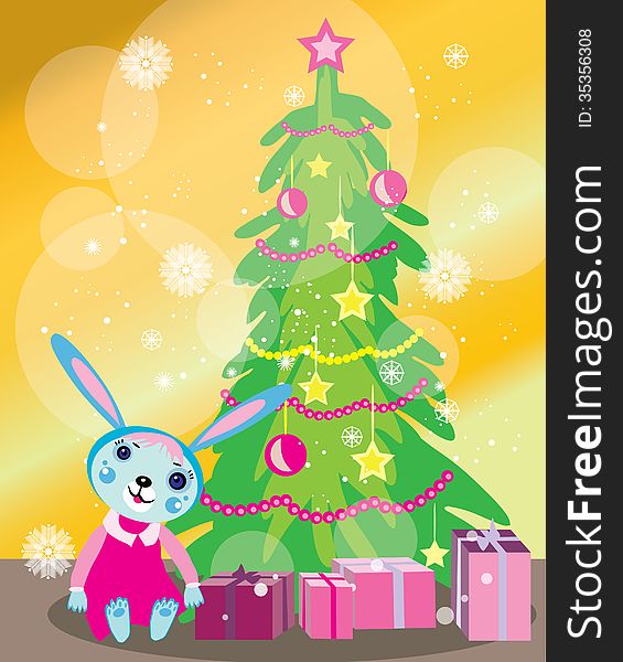 Christmas tree card with rabbit girl